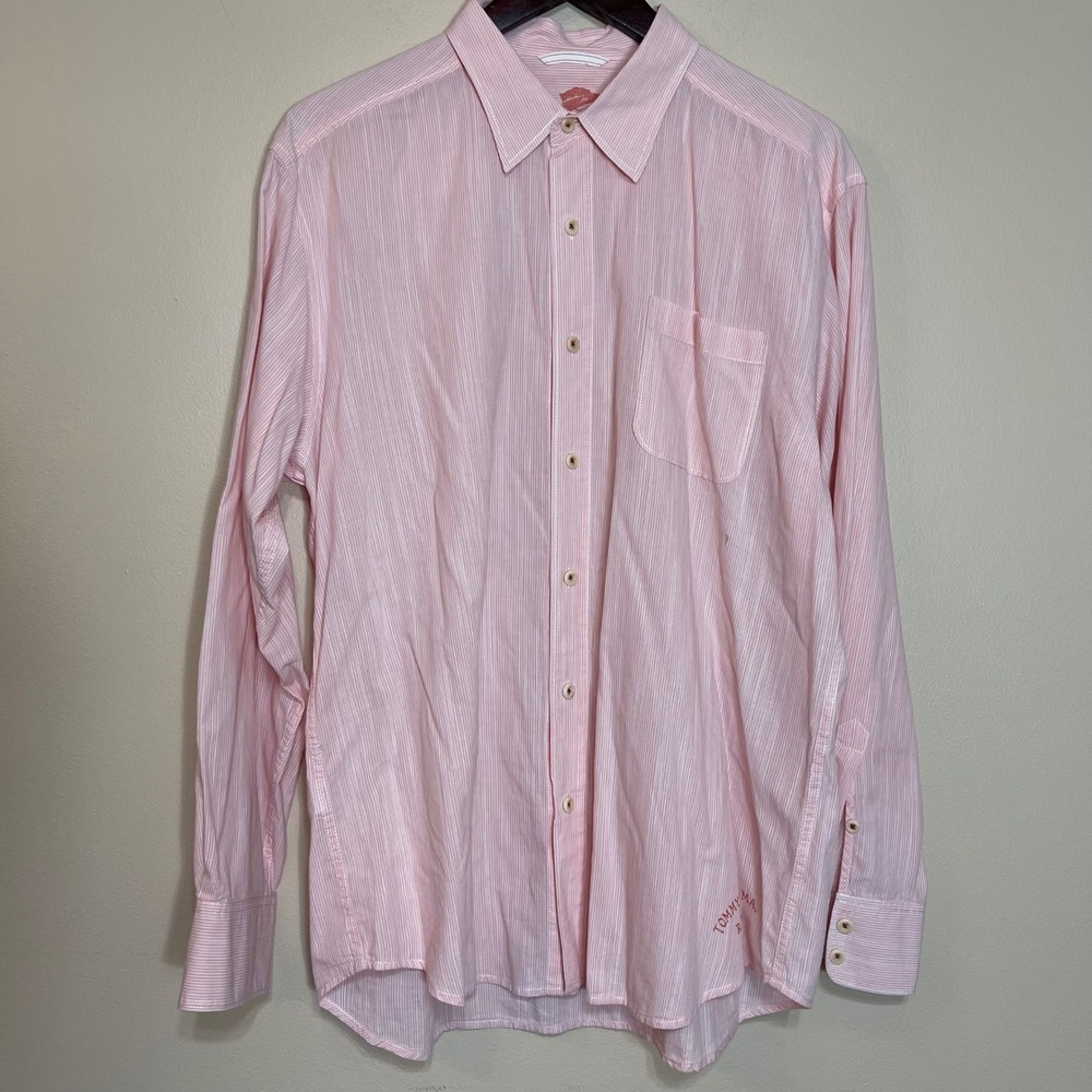 Tommy Bahama Relax Mens Large Pink White Micro Stripe Cotton Button‎ Down Shirt
